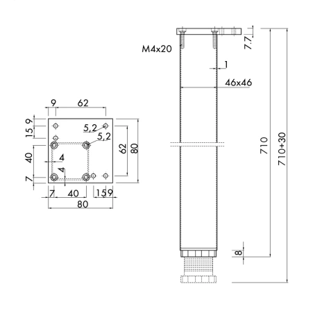 Опора для стола 710х46 мм, алюминий