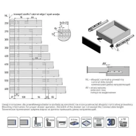 Направляющая шариковая H-45 500мм PUSH MODERN SLIDE PB-0FPO-500
