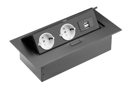 Удлинитель врезной 2 розетки 2 USB, без провода, черный