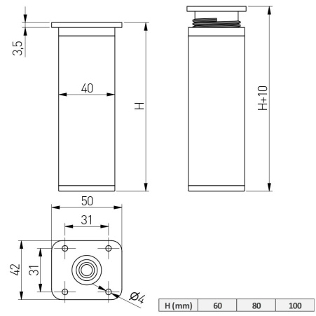 Ножка DAK26 H-60мм квадратная регулируемая, черная